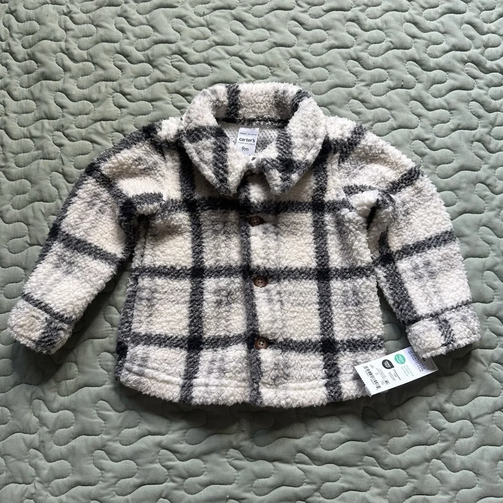 NWT Carter's Infant White Plaid Fleece Button Up Shirt Jacket Size 9M